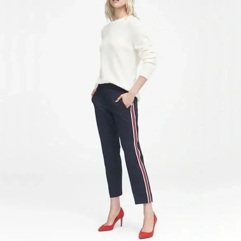 Banana Republic Avery Straight Fit Ankle Pants Side Stripes  Cropped Navy Blue 0